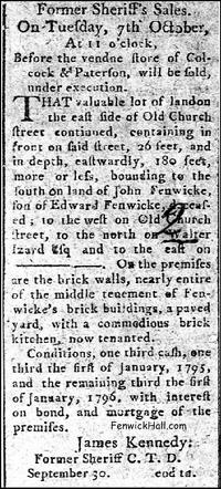 1794, September 30, Sherriff's Sale!  Son of Edward Fenwick Sr, John Fenwick's downtown Charleston property is auctioned. It was the lots near 20 Church Street. The land also contained rental homes that were currently rented out.  From 10.2.1794 South-Carolina State-Gazette. 