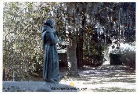 St Francis overlooking Fenwick Hall Formal Garden with Reflection pond 1970's on Johns Island, SC near Charleston 