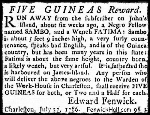 1786, July 27th.  Newspaper Notice by Edward Fenwick Jr, concerning two runaway slaves.  An ulgy era of Fenwick's history.  From the Columbian Herald Newspaper. 