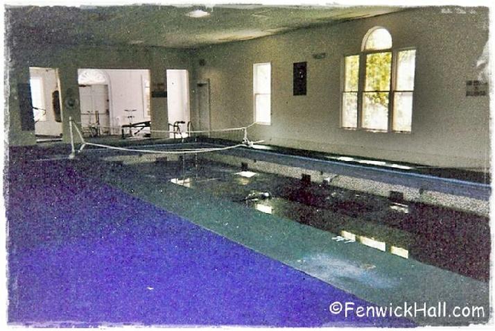 May 1999, as Fenwick Hall Hospital pool house & gym. This photo taken by Carol Dawn shows the condition the pool house was left in after the Hospital shut down.  Even the pool was left to care for itself. This is a rare photo-thanks Carol Dawn who did laps in this pool once upon a time.  The pool house & pool was in too deterioated to be saved & restored. It has been torn down and no sign of it remains today