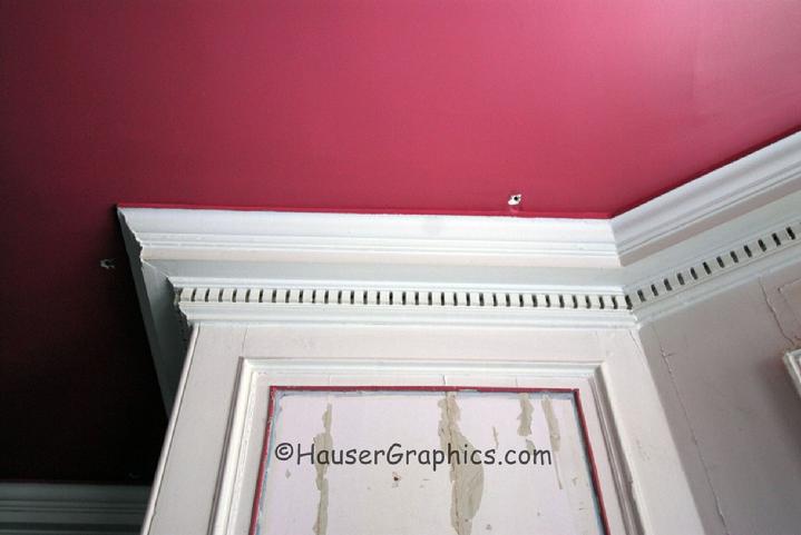 Formal dining room cornice from the Hospital.  Note the multiple holes in the plaster and wood