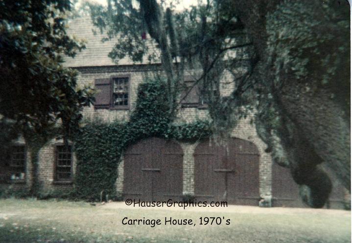 Edward Fenwick Sr's, 1973 Coach House, Stono River side.  The huge wood coach doors are now glass that overlooks the rear lawn of the estate.  Photographer John Hauser.