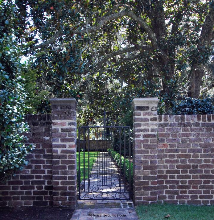 Entrance Gate to Fenwick Garden on John's Island, SC,  Victor Morawetz designed the basic rectangular design of the bricked walled garden in 1930. Photographer John R. Hauser.